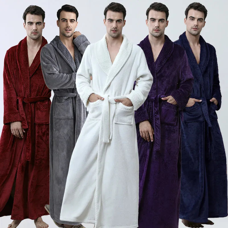 Men's winter flannel nightgown in gray with cardigan style, long sleeves, and knitted texture