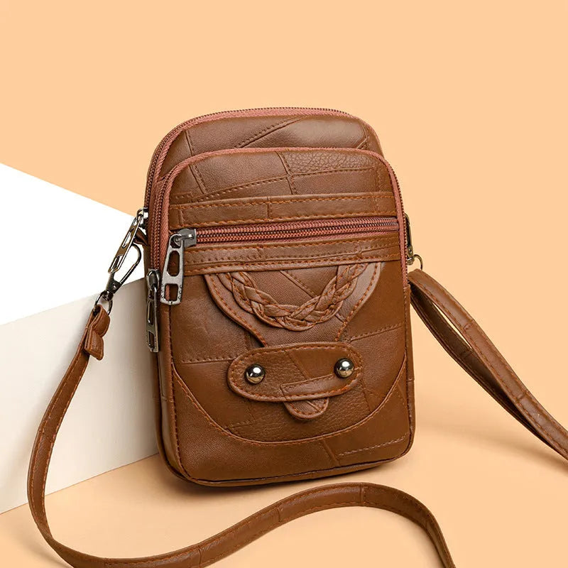 Soft PU leather mobile phone bag in brown with square vertical shape, weaving, rivets, and sandwich pocket