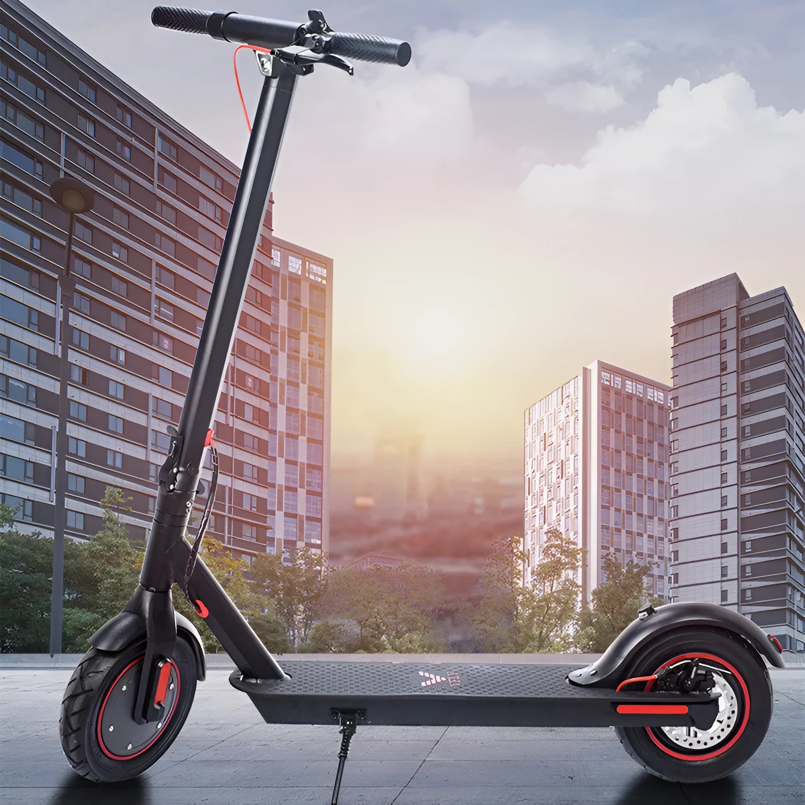Black aluminium alloy electric folding scooter with 10inch tyres and disc brake on a flat surface