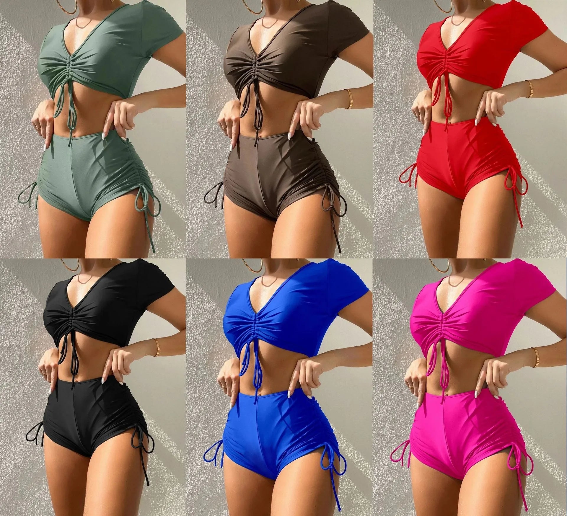 Women's dark green lace-up bow two-piece swimsuit with shorts on a mannequin