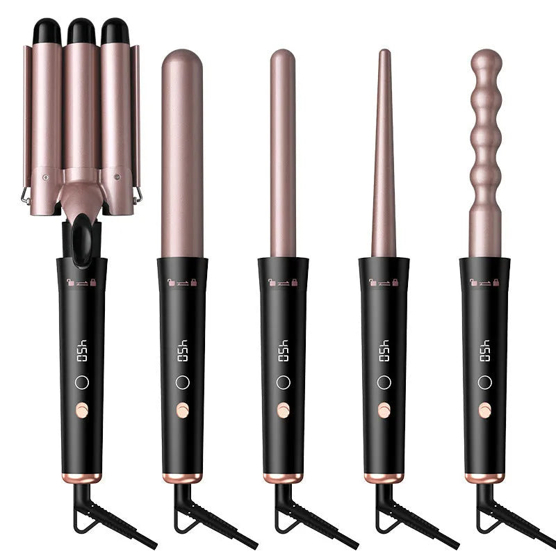 Rose gold five-in-one ceramic hair curler with LCD screen and heat-resistant glove
