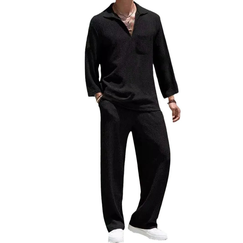 Men's casual polyester shirt trousers suit in black, caramel, khaki or lake blue colours with shirt jacket design