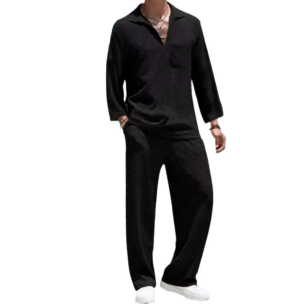 Men's casual polyester shirt trousers suit in black, caramel, khaki or lake blue colours with shirt jacket design