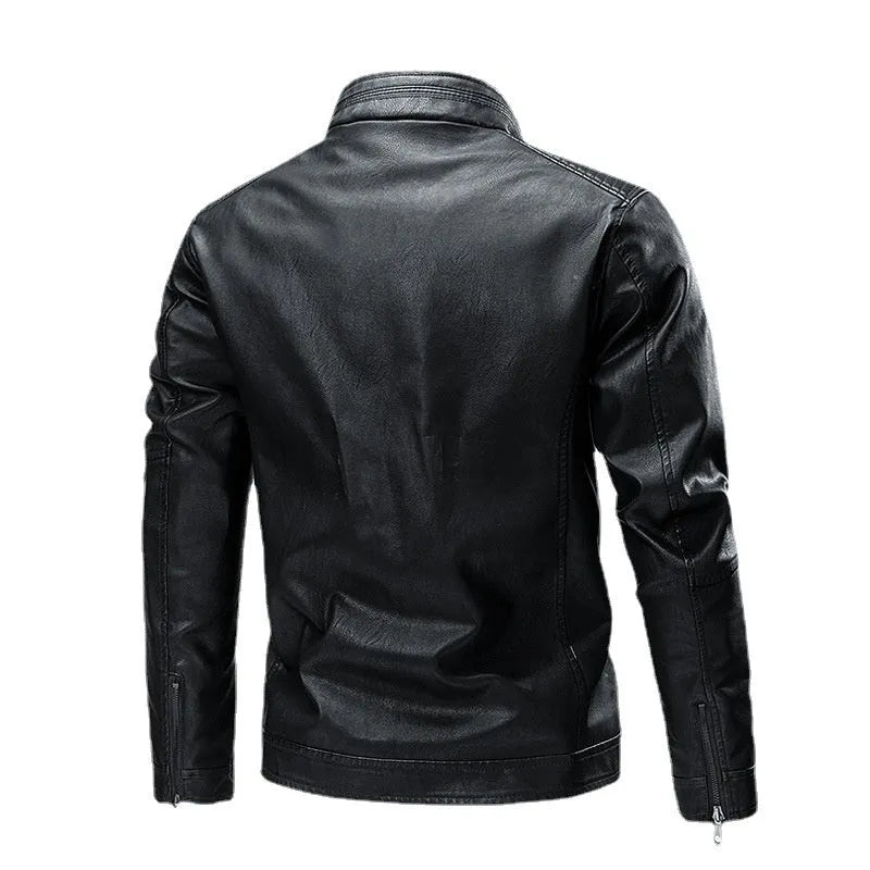 Men's PU leather motorcycle jacket in black with stitching, side pockets, and regular fit