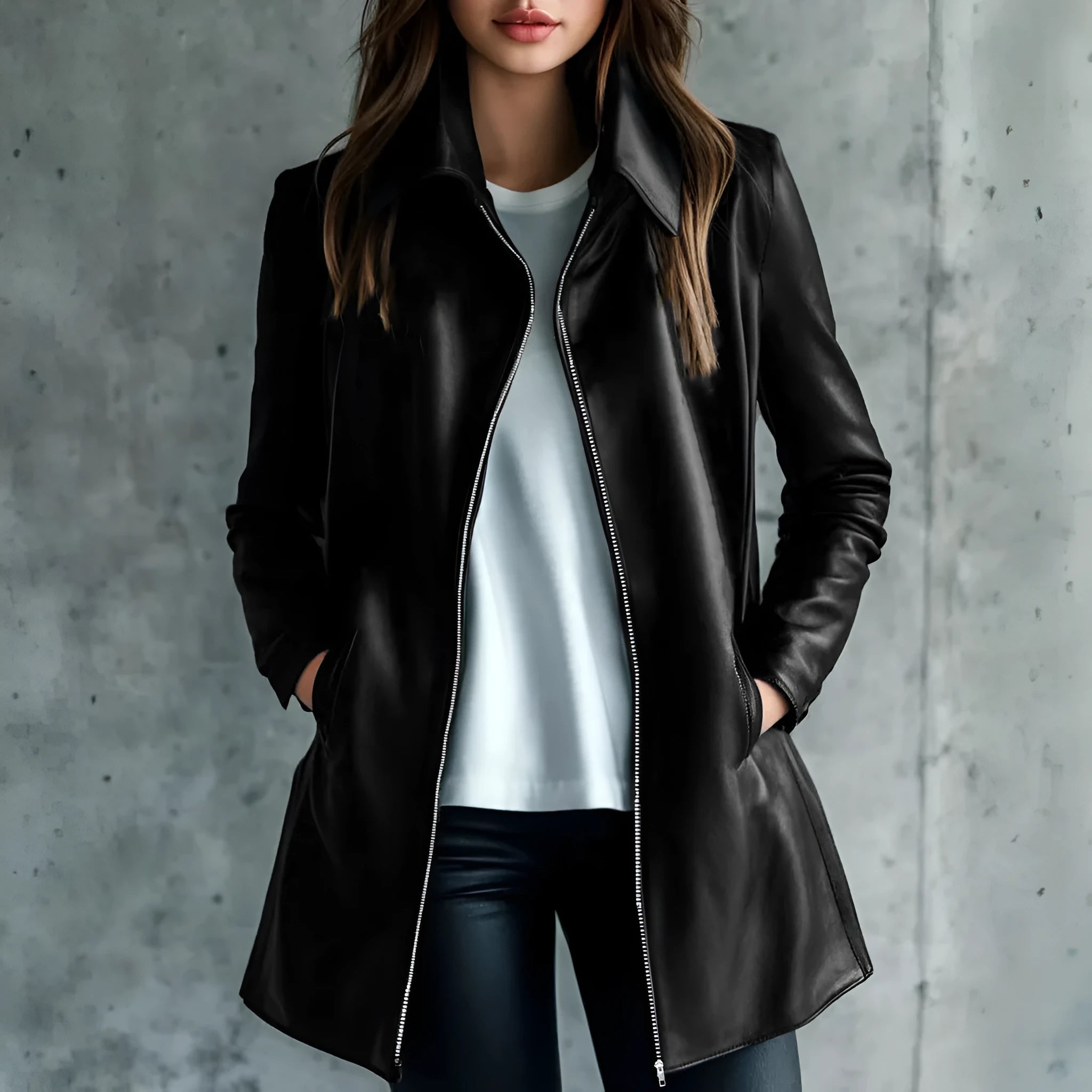 Black women's medium-length polyester leather jacket on a hanger