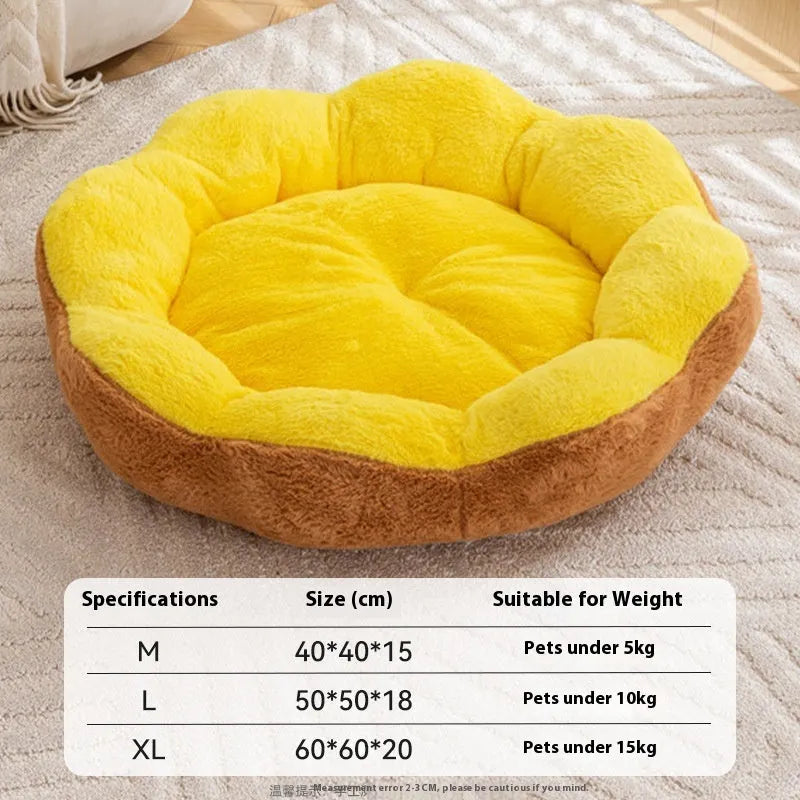 Round rabbit plush cat bed with raised edges in brown gray colour, shown with detachable cover