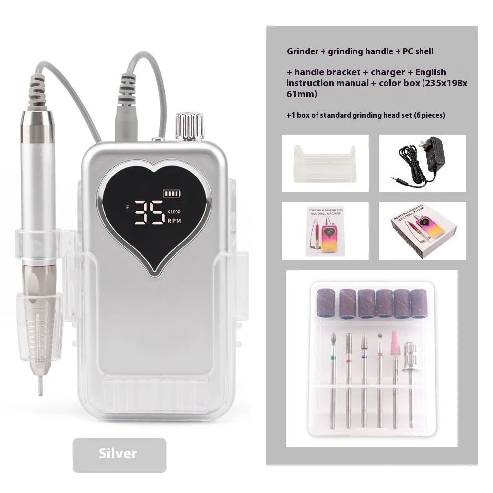 Brushless nail polishing machine with six-piece grinding head set and charger
