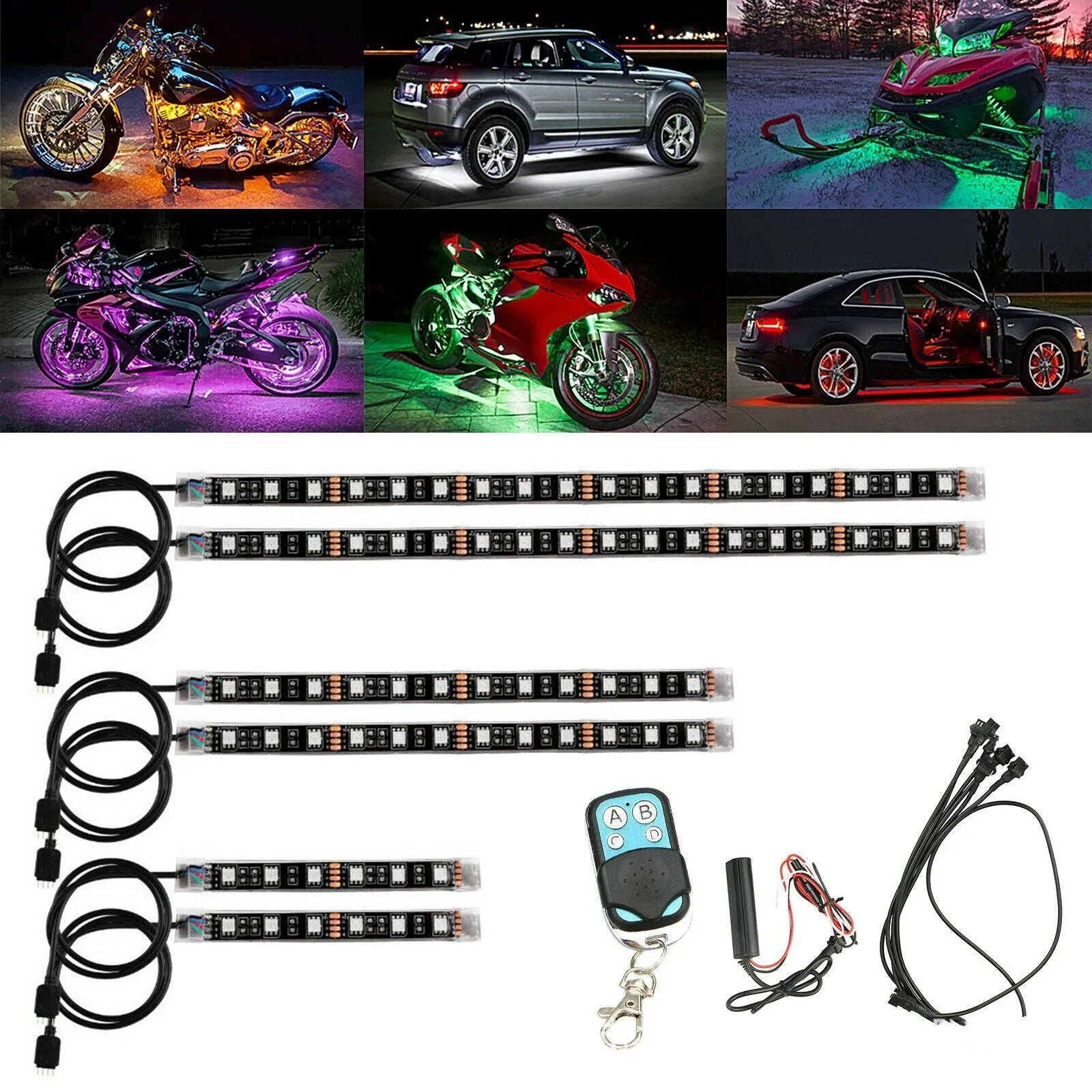 Black silicone RGB LED light bar with wireless remote control for car and motorcycle interior lighting