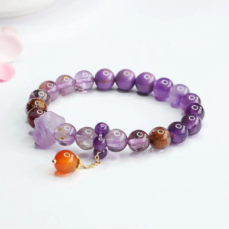 Natural nine purple amethyst and red agate Mori style crystal bracelet with 8mm beads