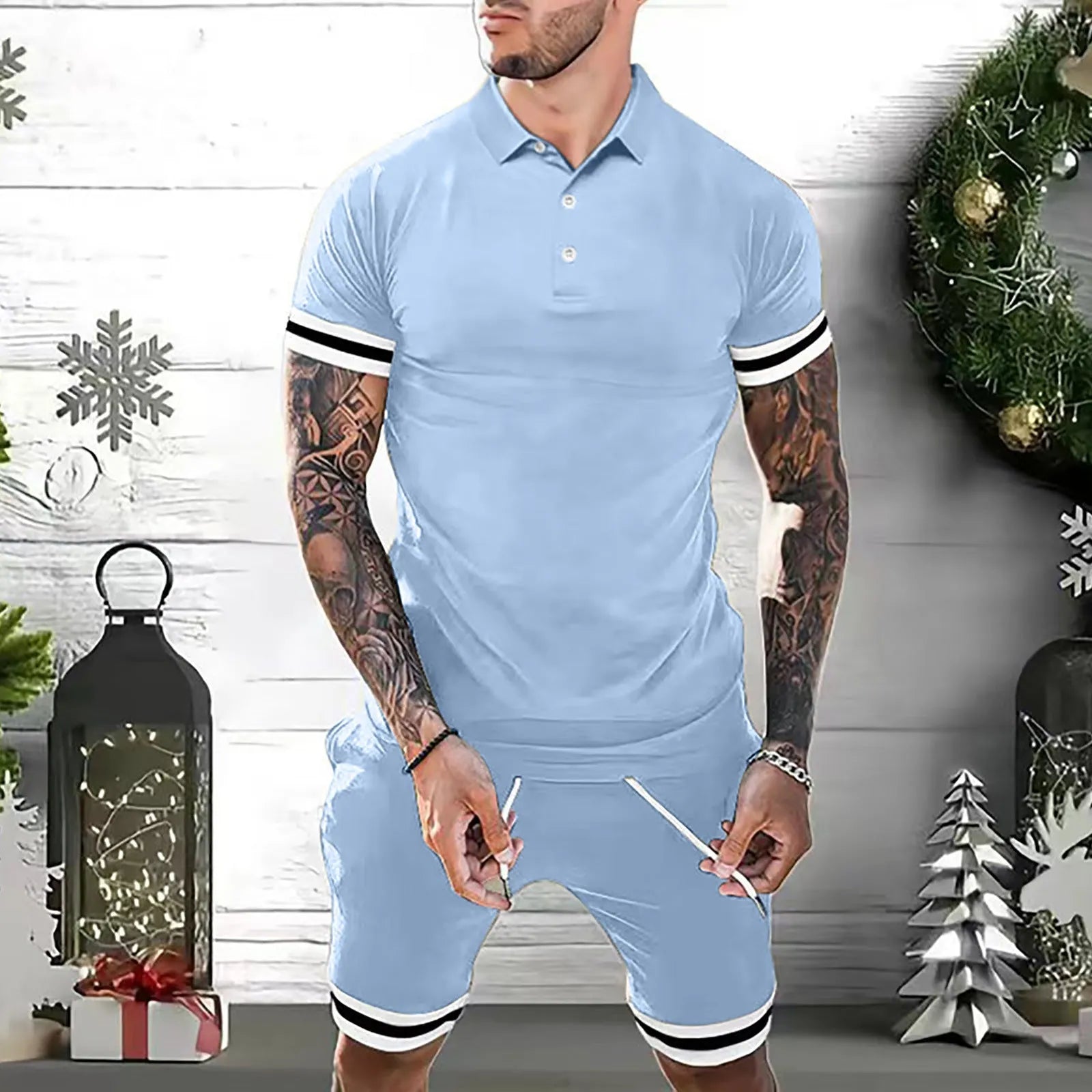 Men's polyester casual short set with polo shirt and shorts in navy blue, shown flat on a white background