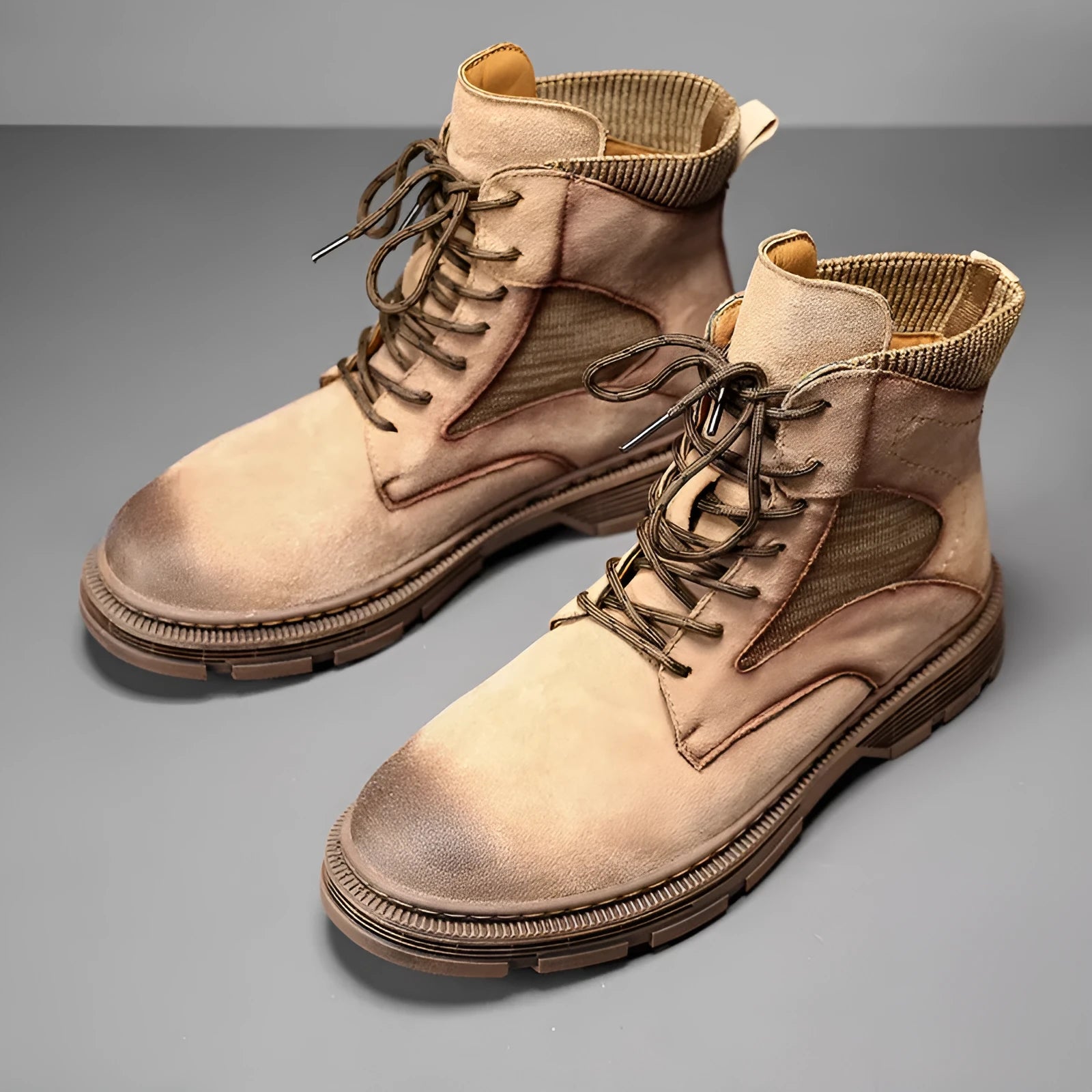 Men's vintage Martin boots in black with a round toe and low thick heel on a rubber sole.