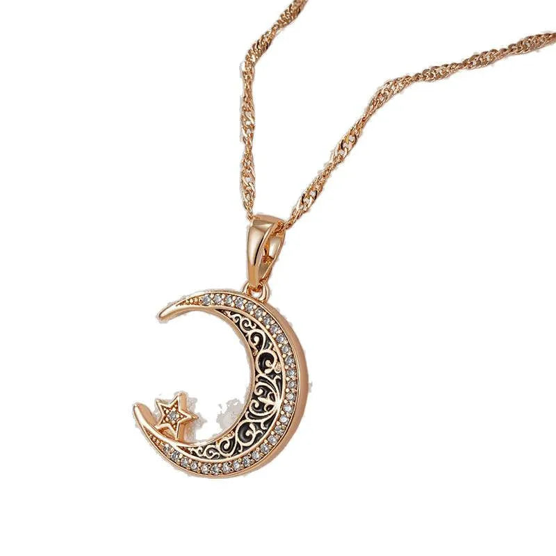 Rose gold star moon necklace with enamel zircon pendant on water wave chain
