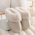 Women's round-toe plush slippers in multiple colours with a non-slip PVC sole.