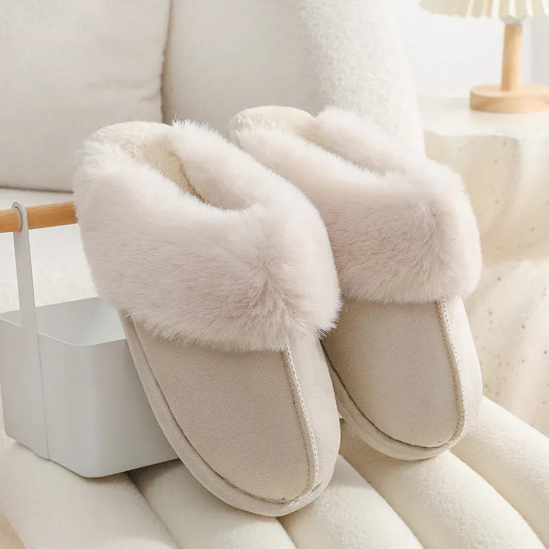 Women's round-toe plush slippers in multiple colours with a non-slip PVC sole.