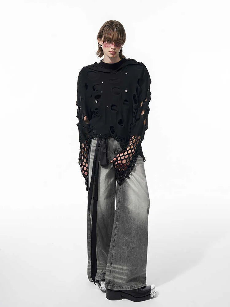 Black men's hooded sweater with pearl decoration, loose thin knit pullover style