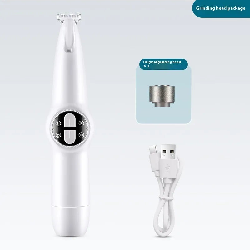 White plastic rechargeable pet cat foot shaver with double button control and grinding head for paw hair and nail trimming