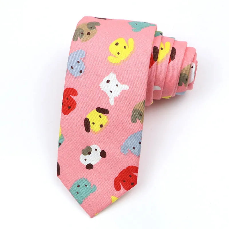 Narrow cotton bow tie with a printed cartoon pattern in a selection of colours.