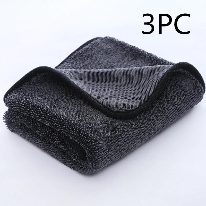 Grey car wash towel with spiral hair texture and contrasting border trim in multiple size options
