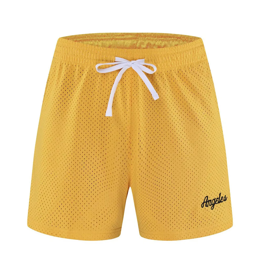 Men's black double layer mesh sports shorts made from polyester fabric for summer athletic wear.
