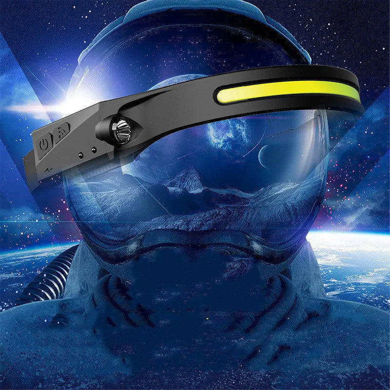 COB LED induction headlamp with wide beam and side LED for long-distance lighting, USB rechargeable, silicone build
