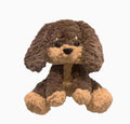 Dachshund plush doll backpack bag with brown hamburger bib, single shoulder strap, artificial wool texture