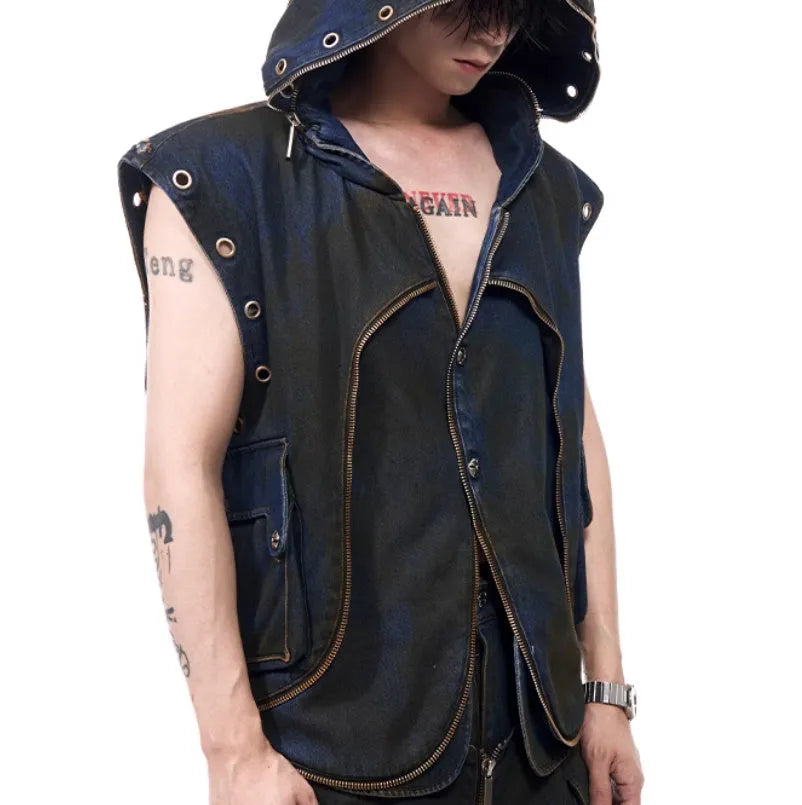 Blue hooded denim vest coat and matching trousers laid flat, showing zip front and Korean style design