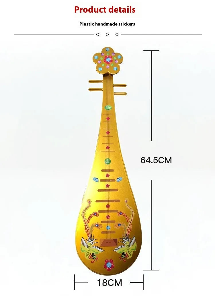 Golden Double Phoenix plastic simulation pipa prop 64.5cm long with handmade stickers and sound capability