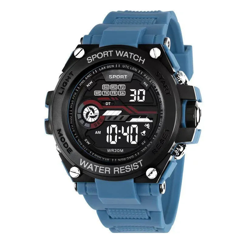 Digital electronic watch with adjustable strap shown in multiple colour options