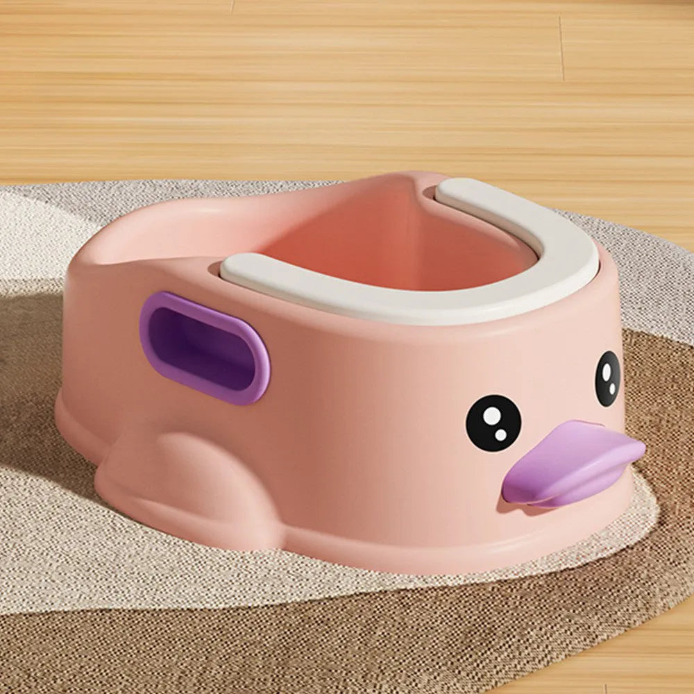 Blue PVC duck-shaped pet bath tub for washing dogs and cats on a bathroom floor.