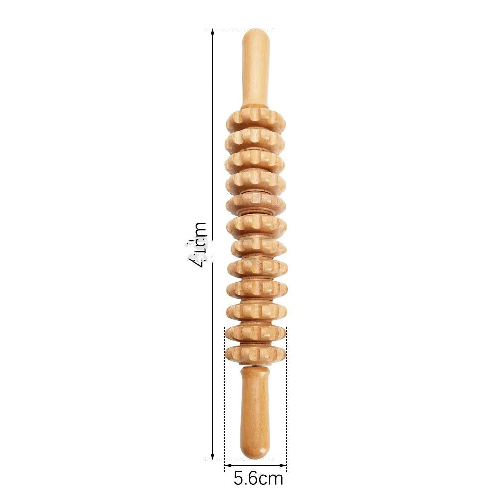 Set of natural beech wood massage rollers including T-shaped, 9-wheel, 12-wheel, and 13-wheel designs.