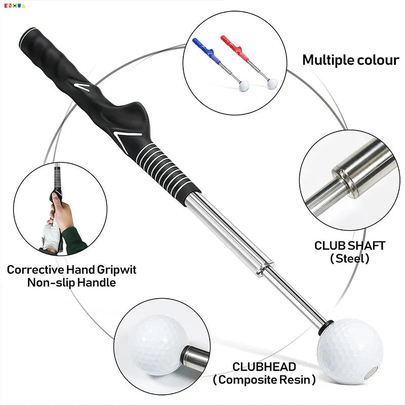 Telescopic golf swing trainer with stainless steel construction in black, blue, or red colours