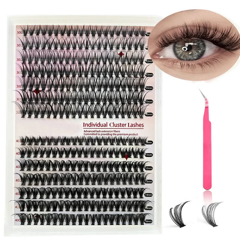 DIY cluster false eyelashes mixed package showing boxes of 30D and 40D lashes and tweezers