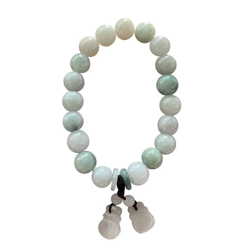 Green jade bracelet with geometric hanging beads and Maitreya Buddha charm