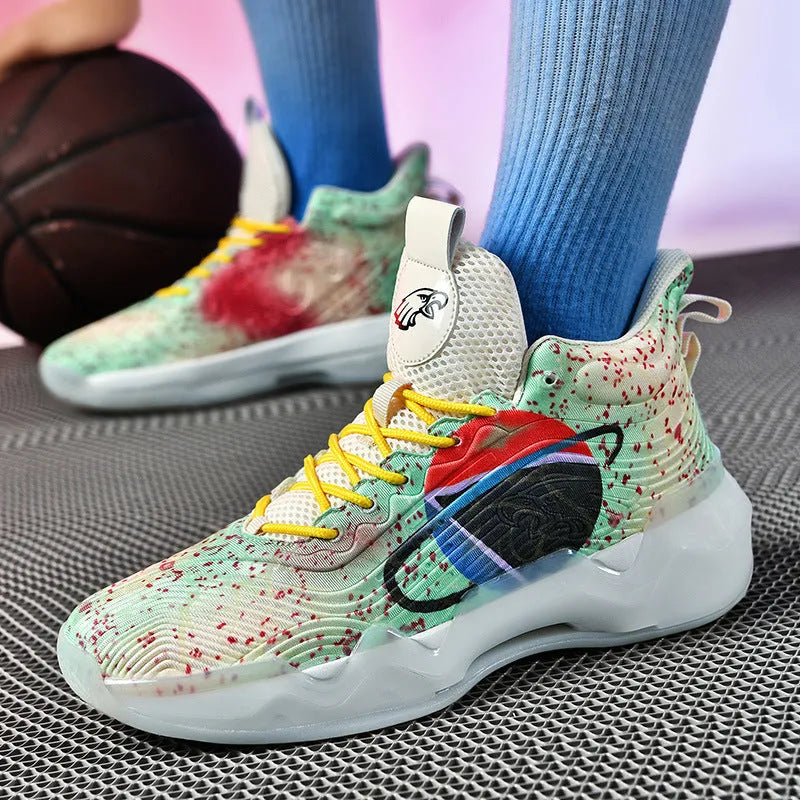 Luminous high-top basketball shoes with graffiti pattern, mesh upper, and rubber outsole available in various colours