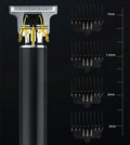 Black rechargeable electric hair clipper with gold steel blades, four comb attachments, and cleaning brush