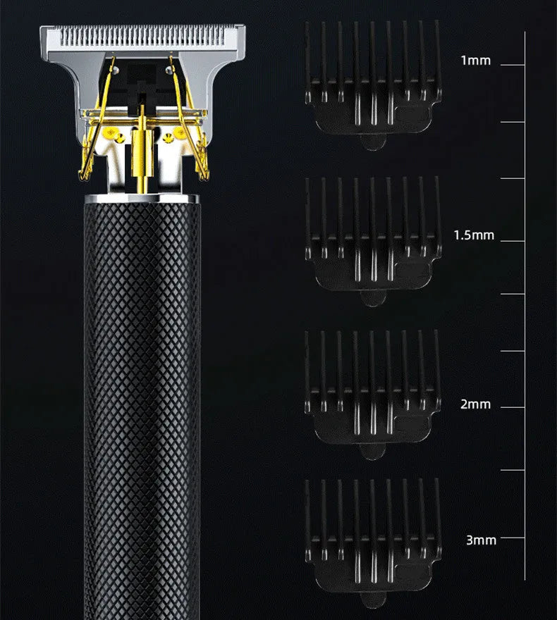 Black rechargeable electric hair clipper with gold steel blades, four comb attachments, and cleaning brush