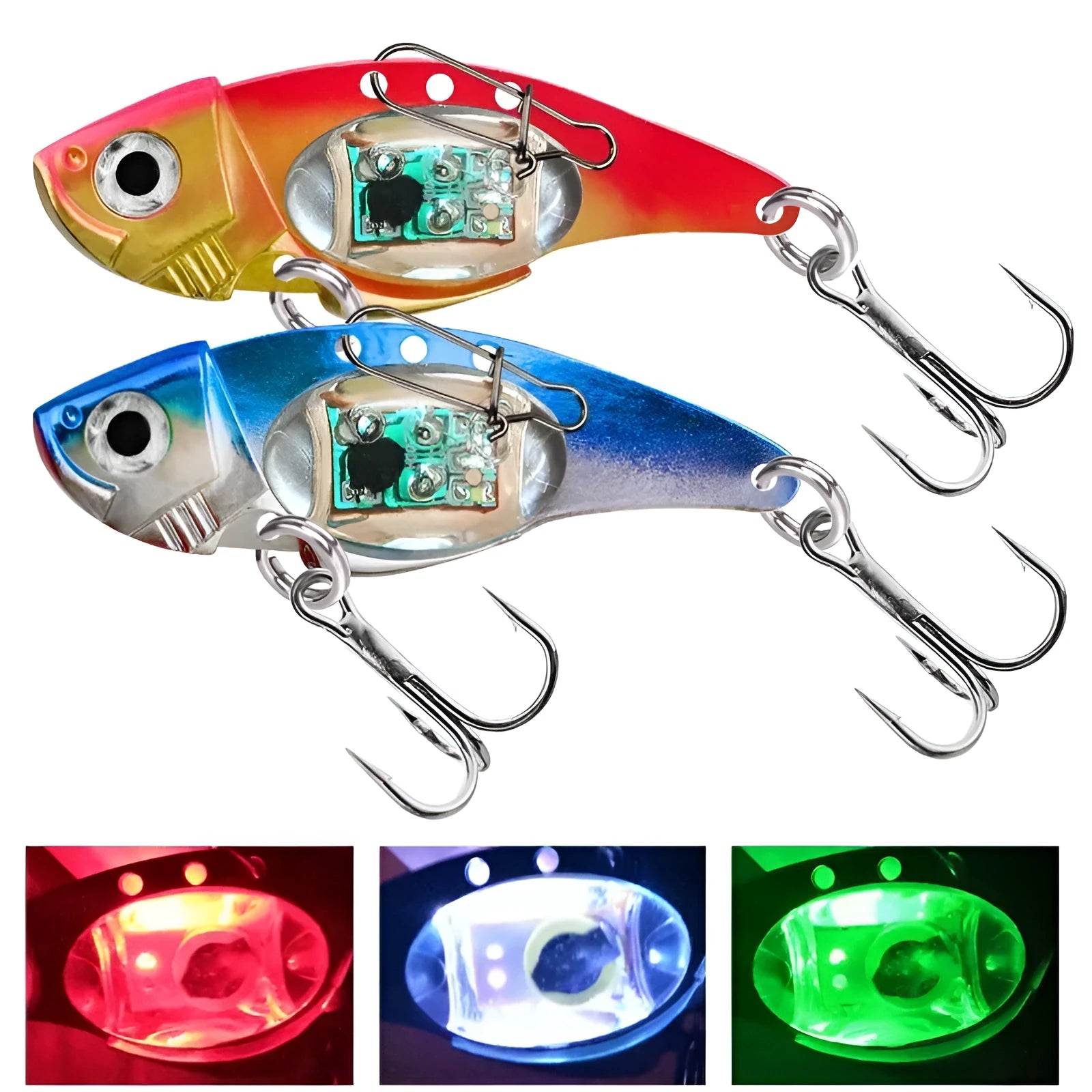 Electronic fishing lure with luminous metal vib in blue and red body options