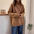 Women's loose turtleneck sweater with thick curling pile collar in polyester mesh fabric