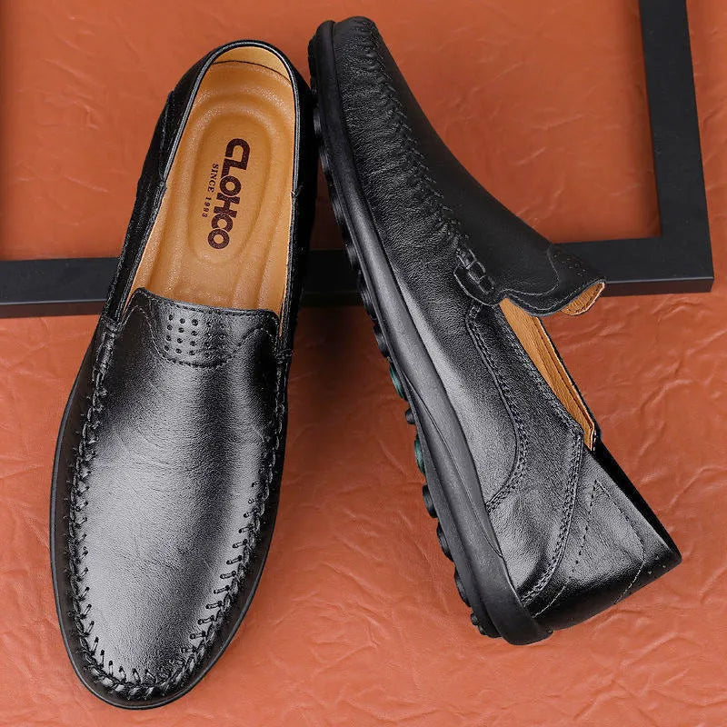Men's brown leather business casual shoes with round toe and flat heel design