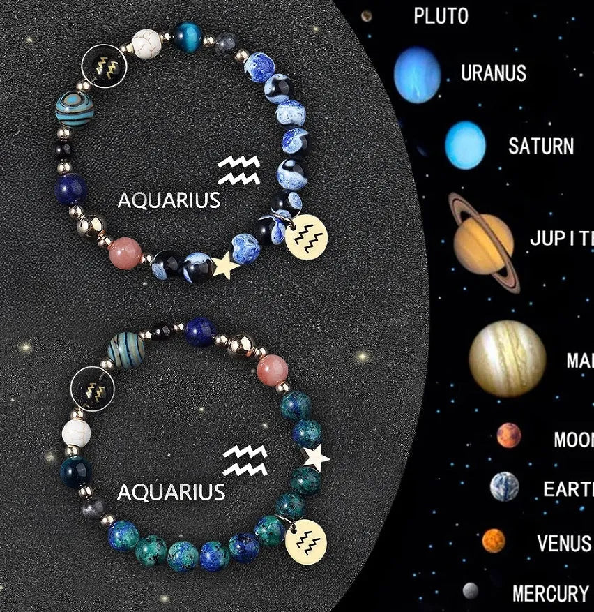 Set of twelve beaded bracelets for each zodiac sign with natural stone and crystal beads.