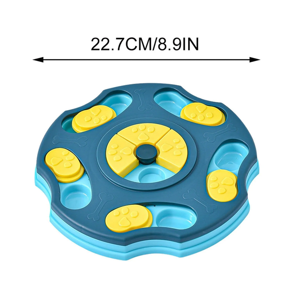 Blue dog puzzle feeder toy with interactive search-and-reward design for mental stimulation and slower eating.