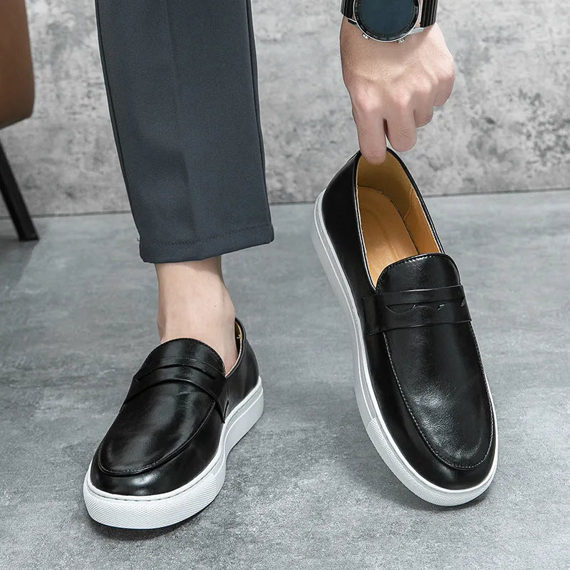 Plus size men's business casual board shoes in brown with flat heel, round toe, and rubber sole