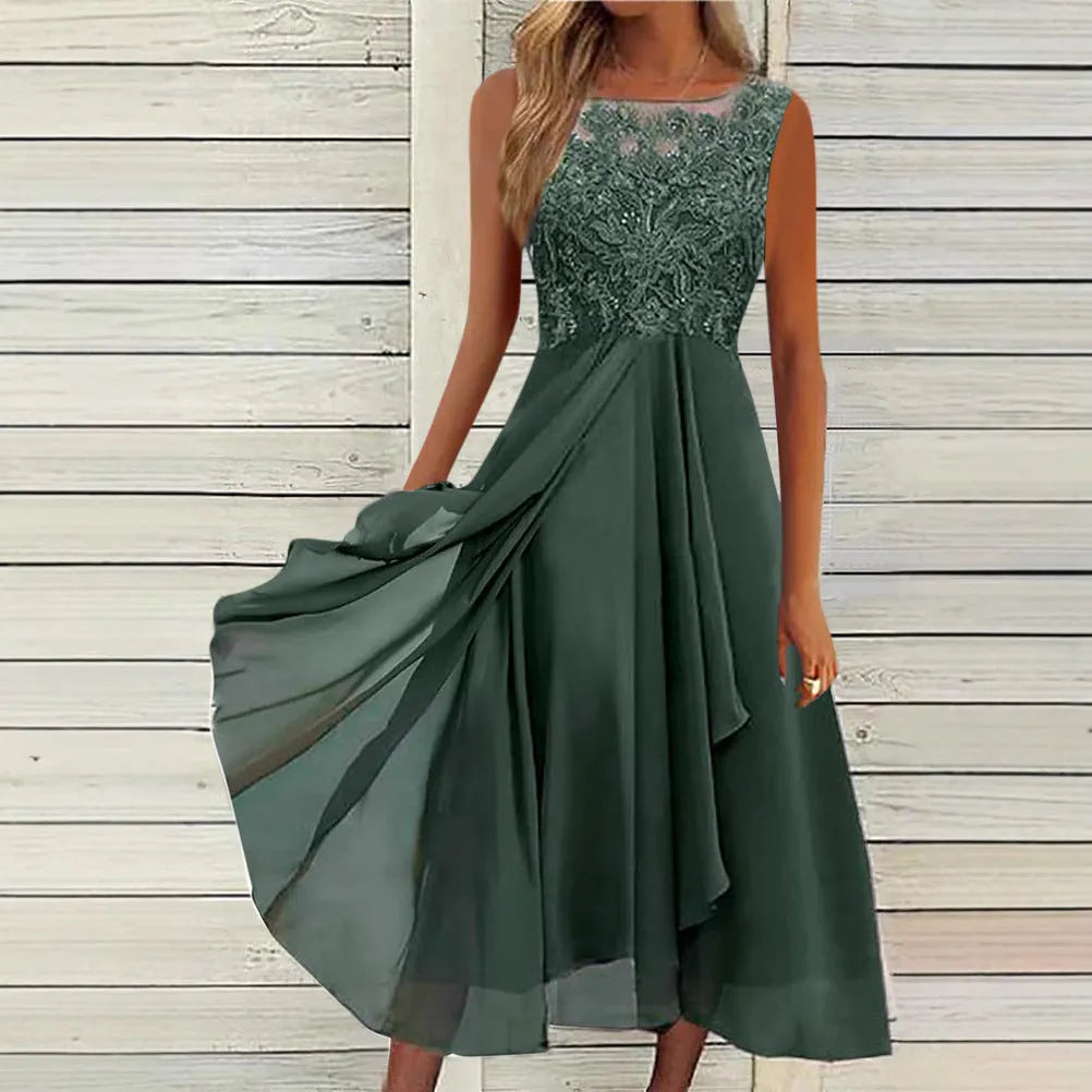 Women's sleeveless lace chiffon dress in green, purple, or blue with hollow-out stitching.