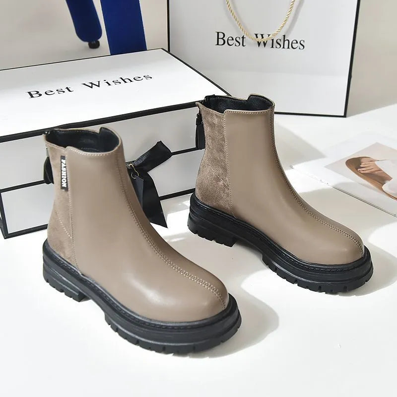 Women's British style platform Martin boots in solid black with rubber sole, low tube design, sizes 35-43