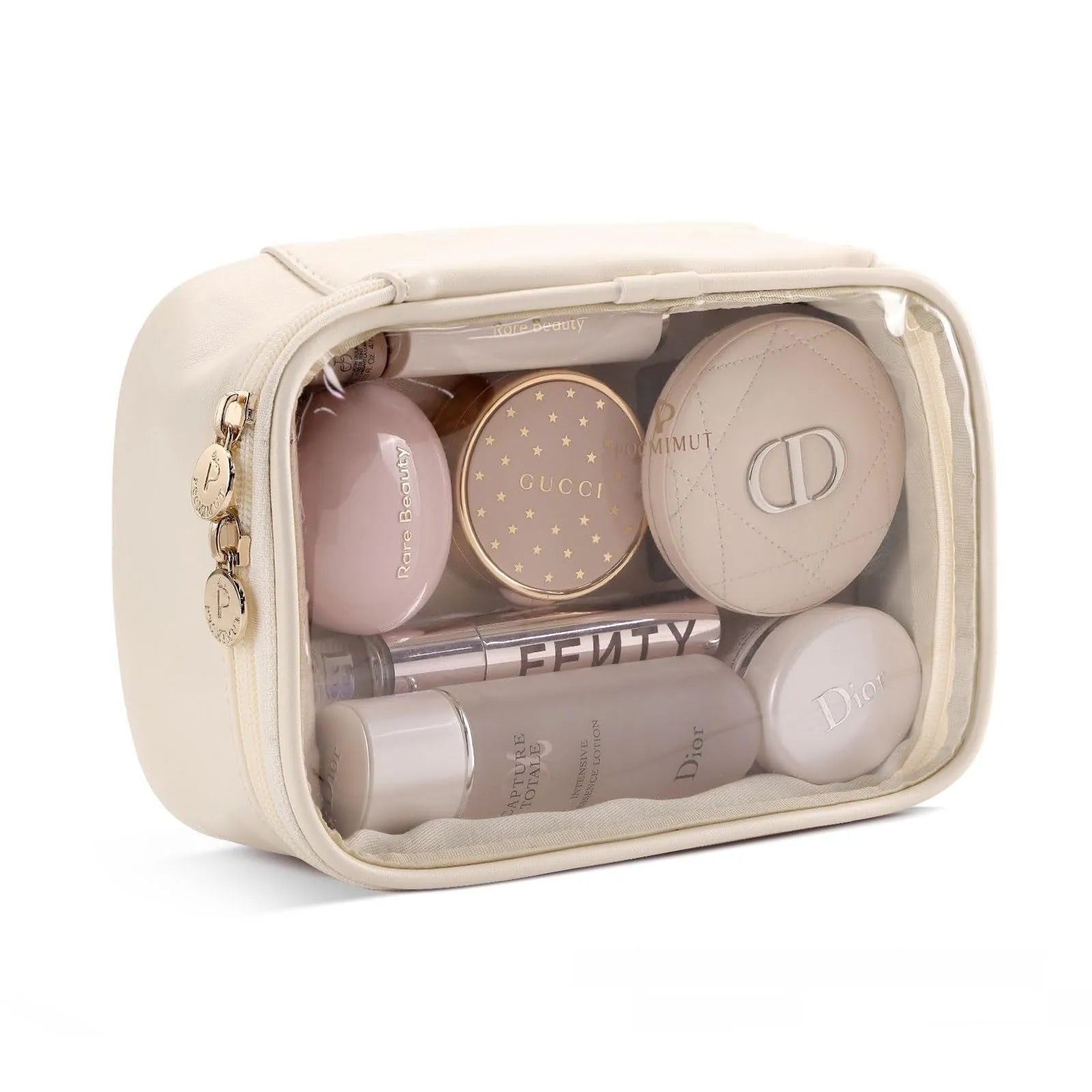 Clear PVC cosmetic bag with waterproof lining shown in a beige colour option.