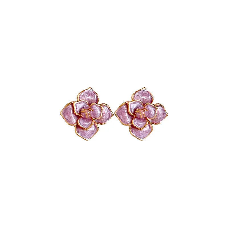 Gold plated purple flower stud earrings with oil-spot glaze finish and fresh style