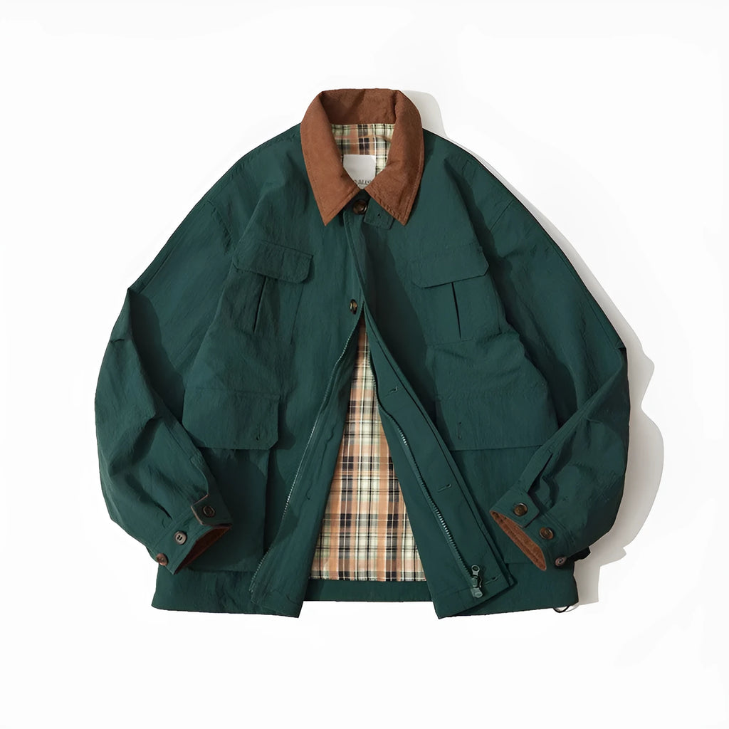 Men's and women's contrast color casual jacket in green or apricot polyester with long sleeves and side pockets