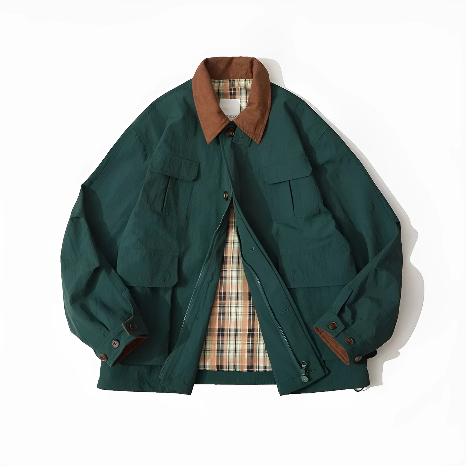 Men's and women's contrast color casual jacket in green or apricot polyester with long sleeves and side pockets