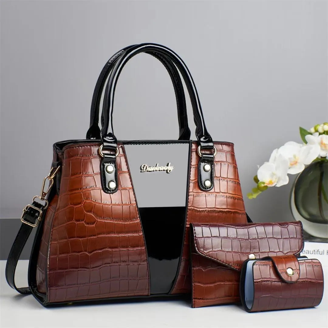 Women's crocodile stitch texture three-piece shoulder bag set in six colour options showing main bag and two smaller organisers