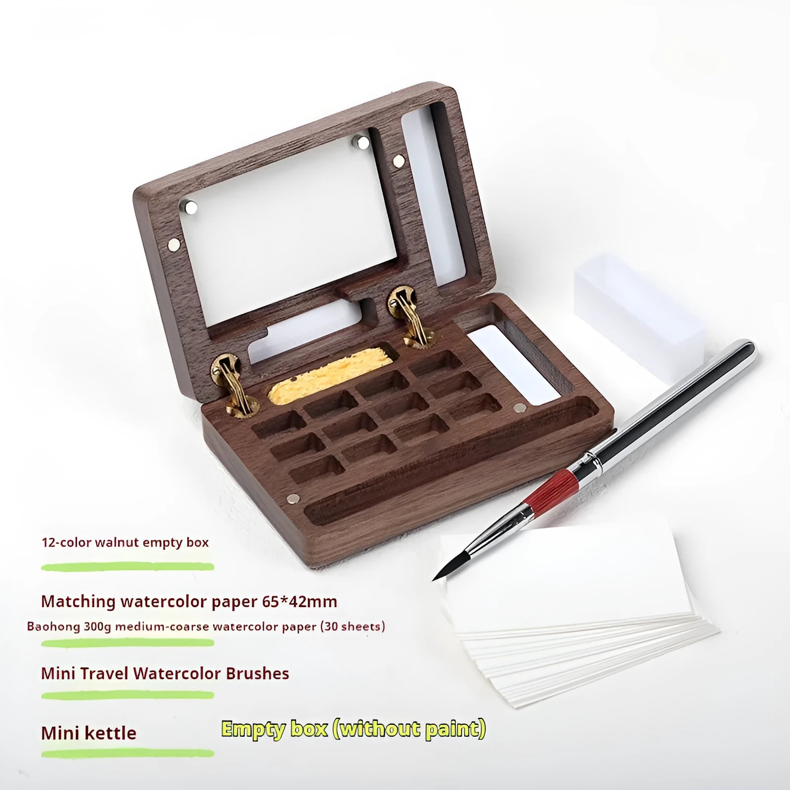 Mini walnut wood watercolour paint box with portable pigment suit storage case